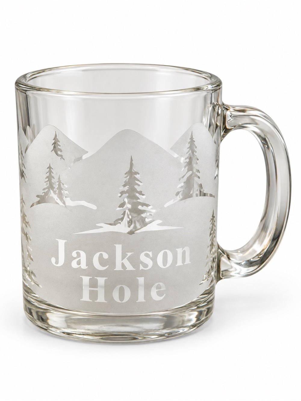 Jackson Hole Etched Glass Coffee Mug Mountain Pine Tree Souvenir Clear Glass